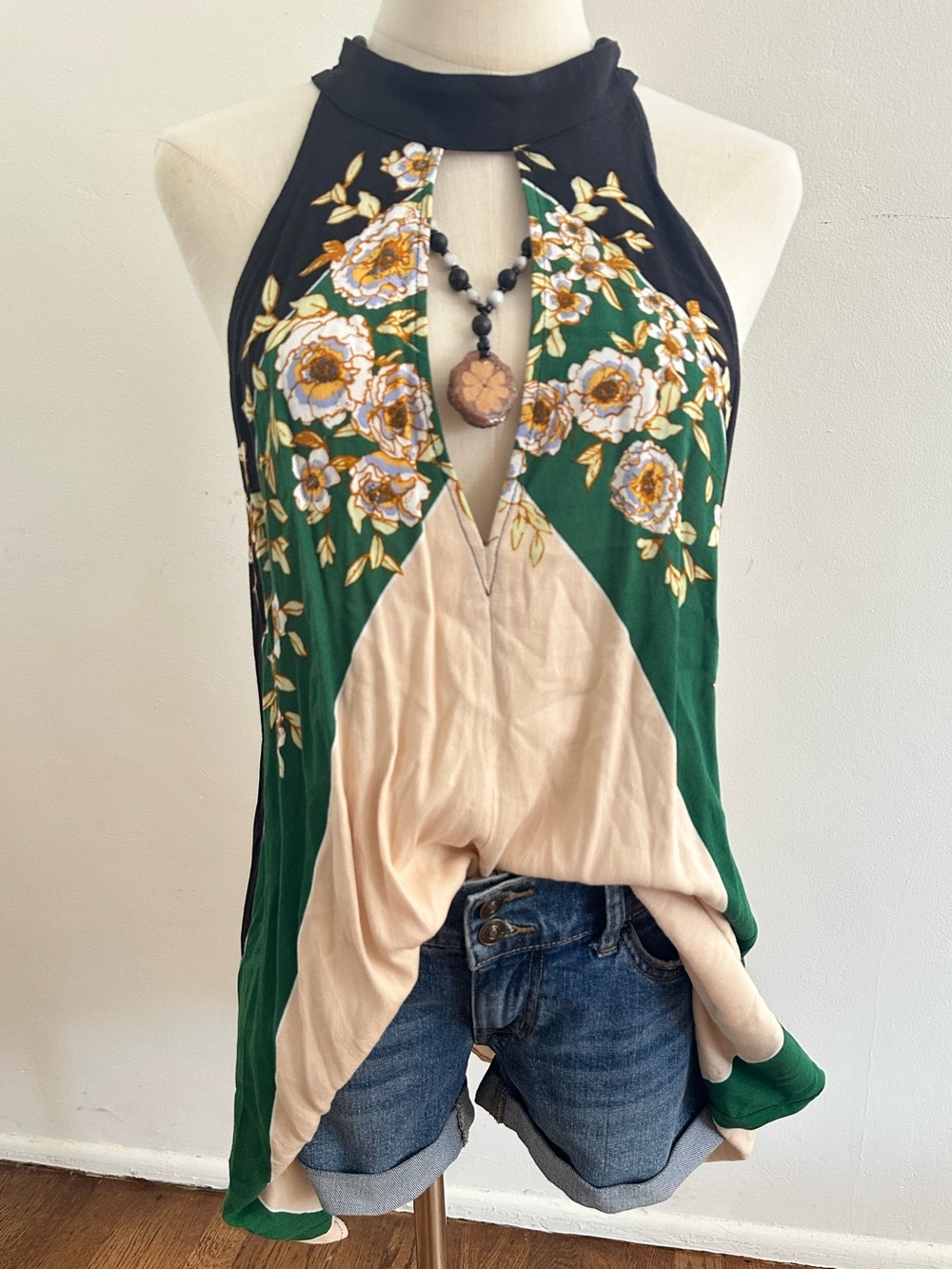 Free People Floral Halter Tunic Top Green Cream Boho Resort Tank S